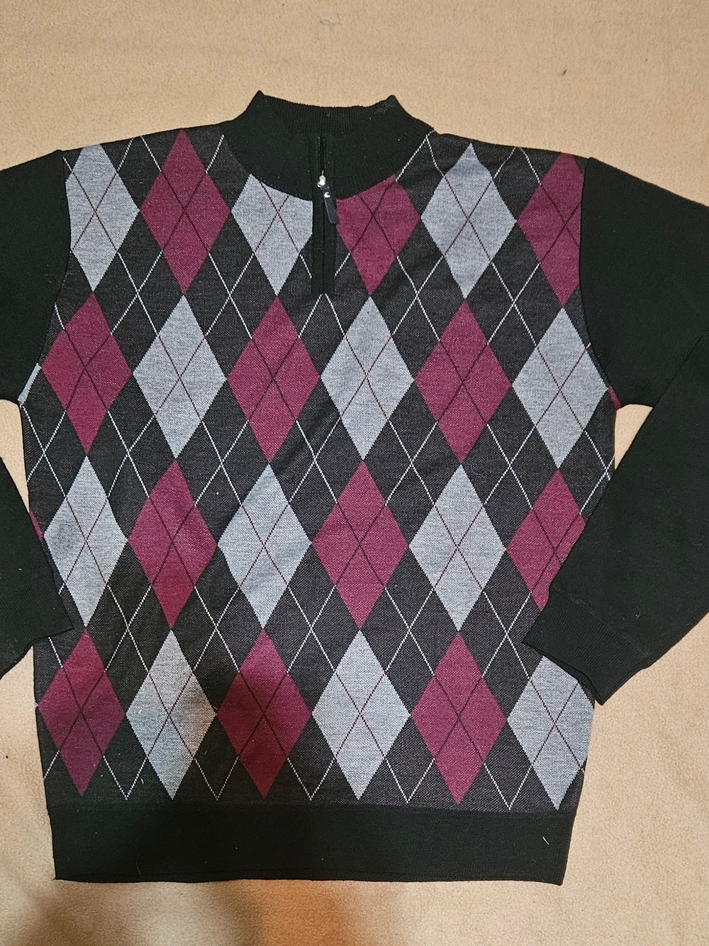 Men's Black Zip-Up Sweater with Maroon & Gray Argyle Pattern